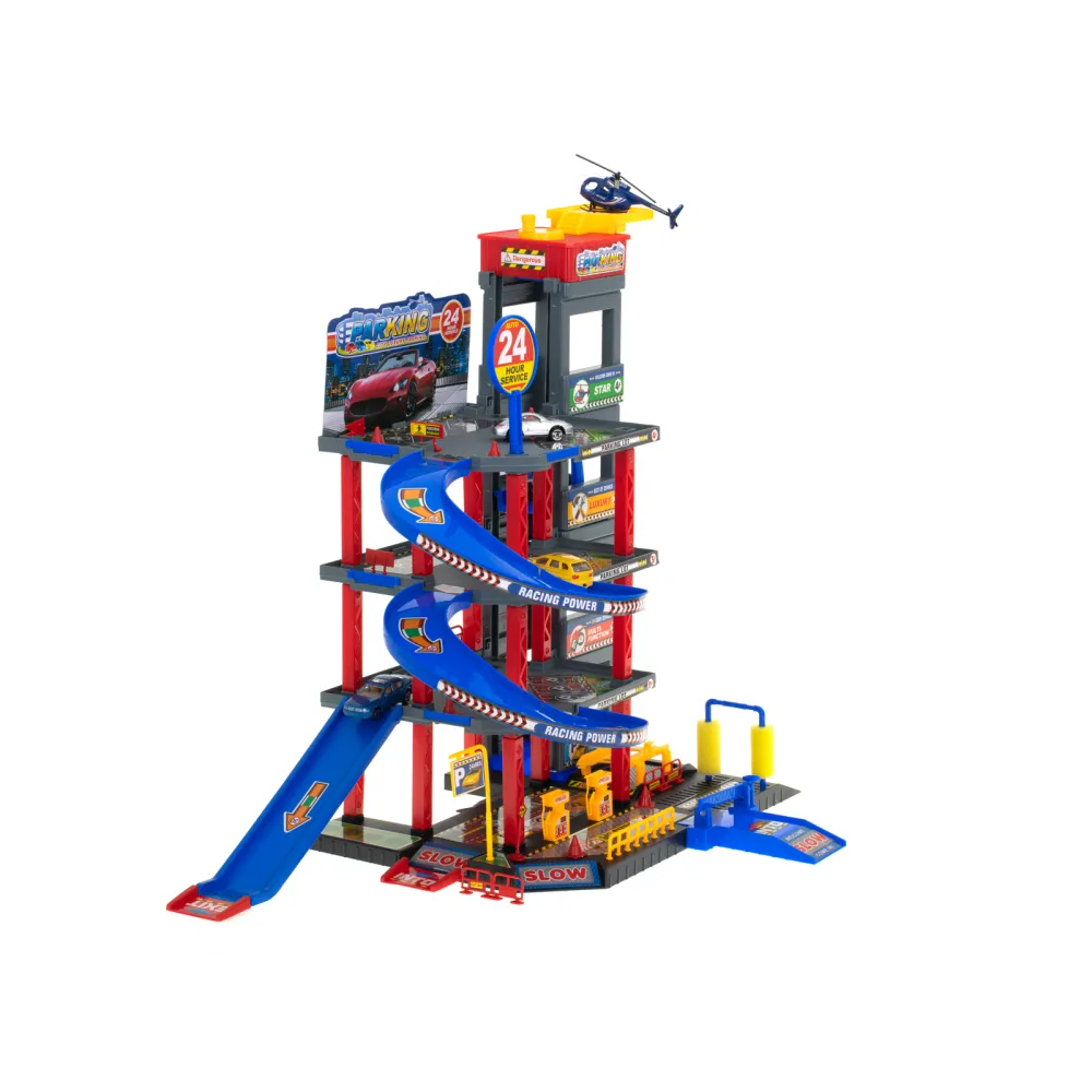 Helikopter z ruchomymi śmigłami na dachu garażu z parkingiem