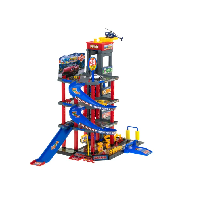 Helikopter z ruchomymi śmigłami na dachu garażu z parkingiem