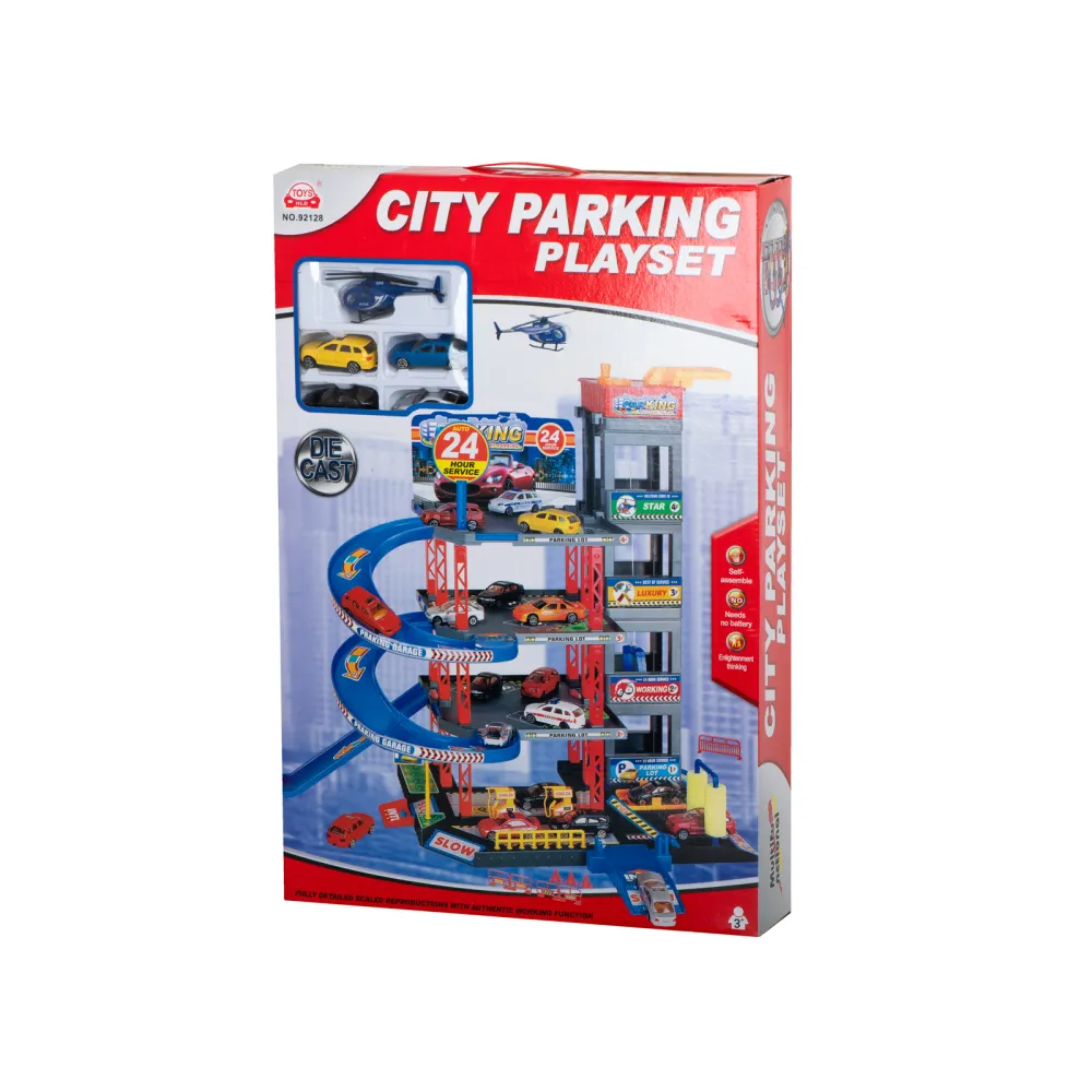 Zbliżenie na metalowe samochodziki i detale piętrowego garażu