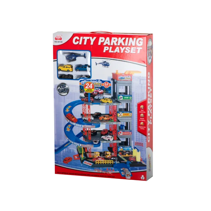 Zbliżenie na metalowe samochodziki i detale piętrowego garażu