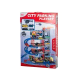 Zbliżenie na metalowe samochodziki i detale piętrowego garażu