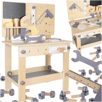 Drewniany warsztat z narzędziami dla dzieci na stoliku, idealny do zabawy