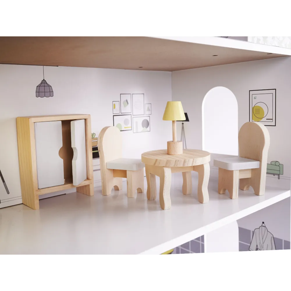 Trzypiętrowy szary domek dla lalek z zestawem akcesoriów