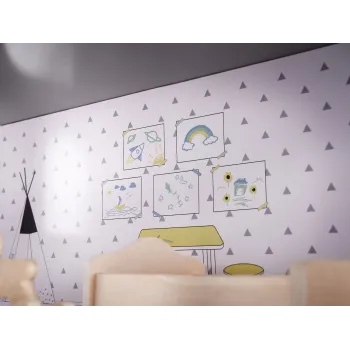 Zestaw szarego domku dla lalek z drewnianymi mebelkami