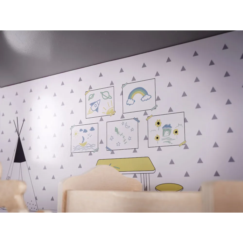 Zestaw szarego domku dla lalek z drewnianymi mebelkami