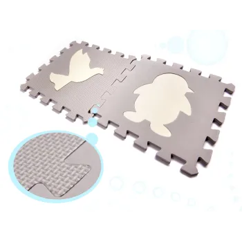 Widok na antypoślizgową powierzchnię maty edukacyjnej w kolorze szarym i ecru