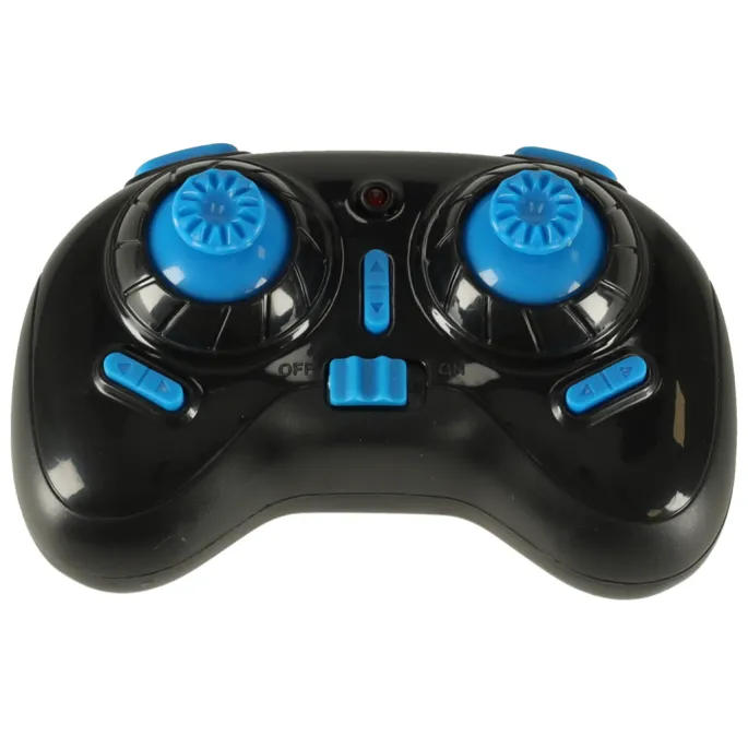 Kolorowy mini dron JJRC H36 unoszący się nad podłogą w pokoju