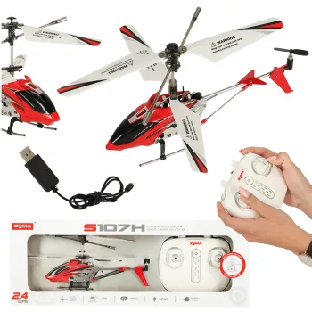 Czerwony helikopter zdalnie sterowany SYMA S107H na białym tle