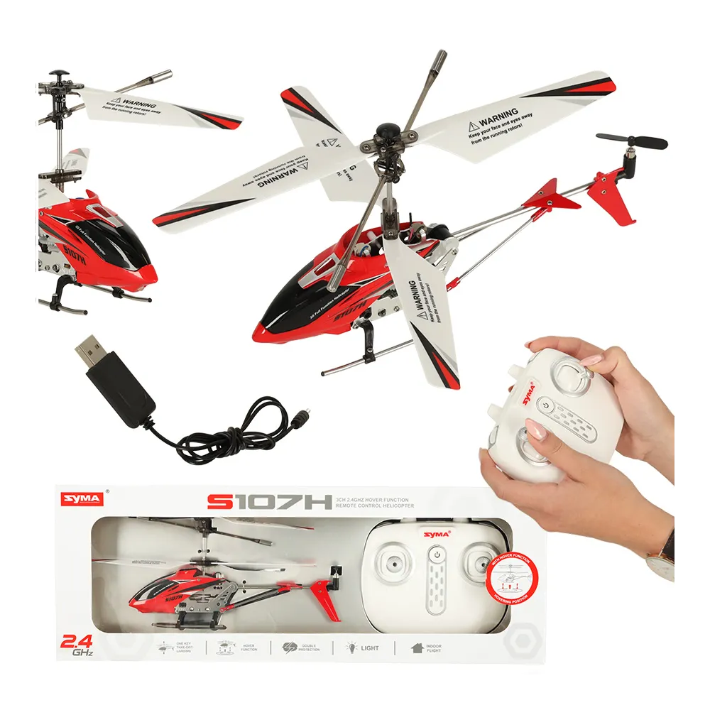 Czerwony helikopter zdalnie sterowany SYMA S107H na białym tle