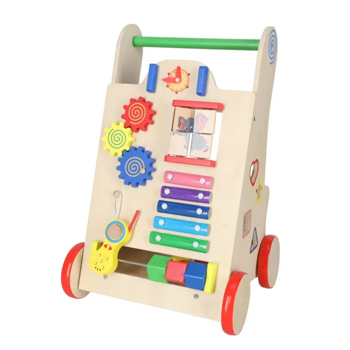 Stabilny chodzik drewniany dla dziecka z zegarem i cymbałkami