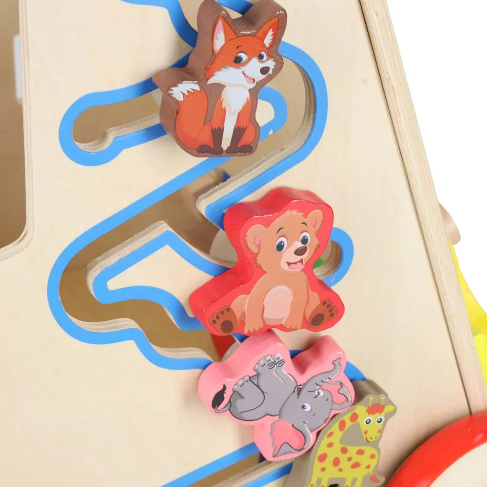 Drewniany pchacz z kolorowym telefonem, liczydłem i trzema obrazkami