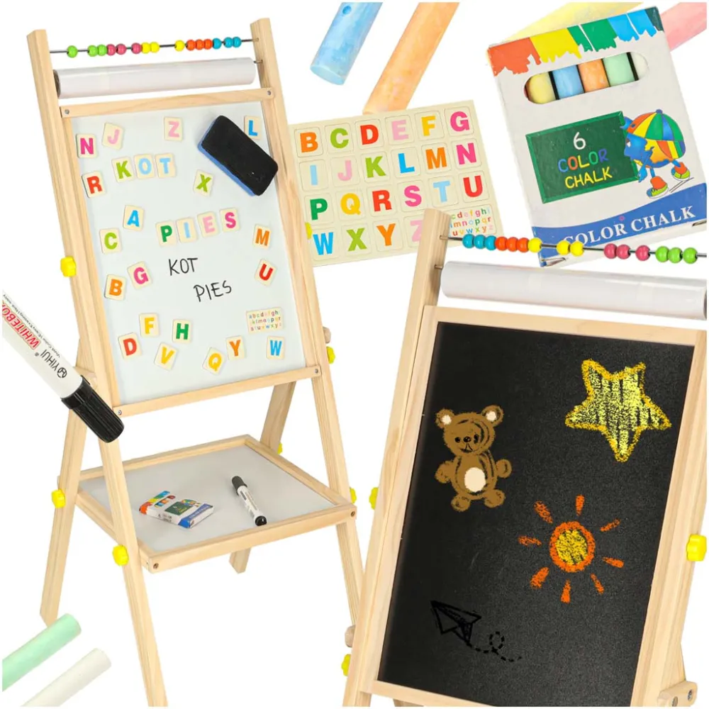 Dwustronna tablica magnetyczna kredowa z drewnianym stelażem dla dzieci