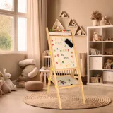 Stojąca drewniana tablica magnetyczna z rolką papieru i kolorowymi kredami