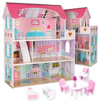 Drewniany domek dla lalek w kolorze różowym z oświetleniem LED