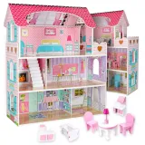 Drewniany domek dla lalek w kolorze różowym z oświetleniem LED