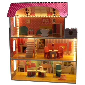 Drewniany domek dla lalek z akcesoriami i tarasem