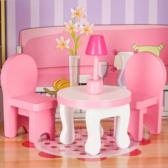 Kolorowy drewniany domek dla lalek z detalami na ścianach