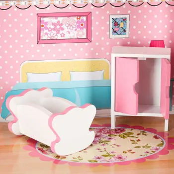 Trzypoziomowy domek dla lalek z 9 elementami meblowymi