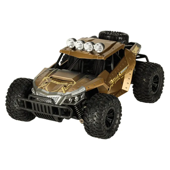 Zbliżenie na szczegółowo odwzorowane wnętrze kabiny terenowego auta RC