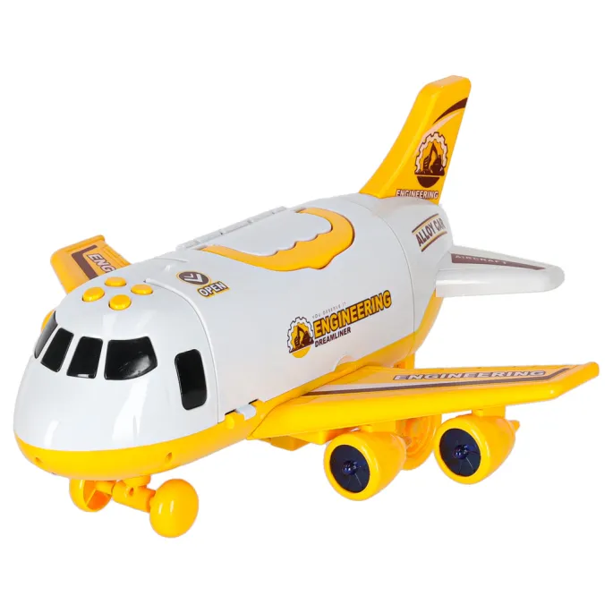 Duży samolot zabawkowy z trzema żółtymi autami budowlanymi i znakami drogowymi