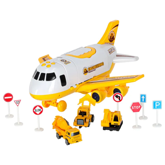 Pojazdy budowlane i drogowe w zestawie z samolotem rozkładanym i znakami