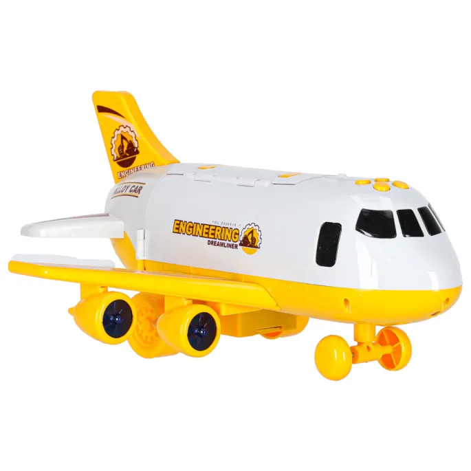 Wszystkie elementy zestawu schowane w środku dużego samolotu dla dzieci