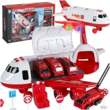 Transporter samolot straży pożarnej z rampą i autami na białym tle