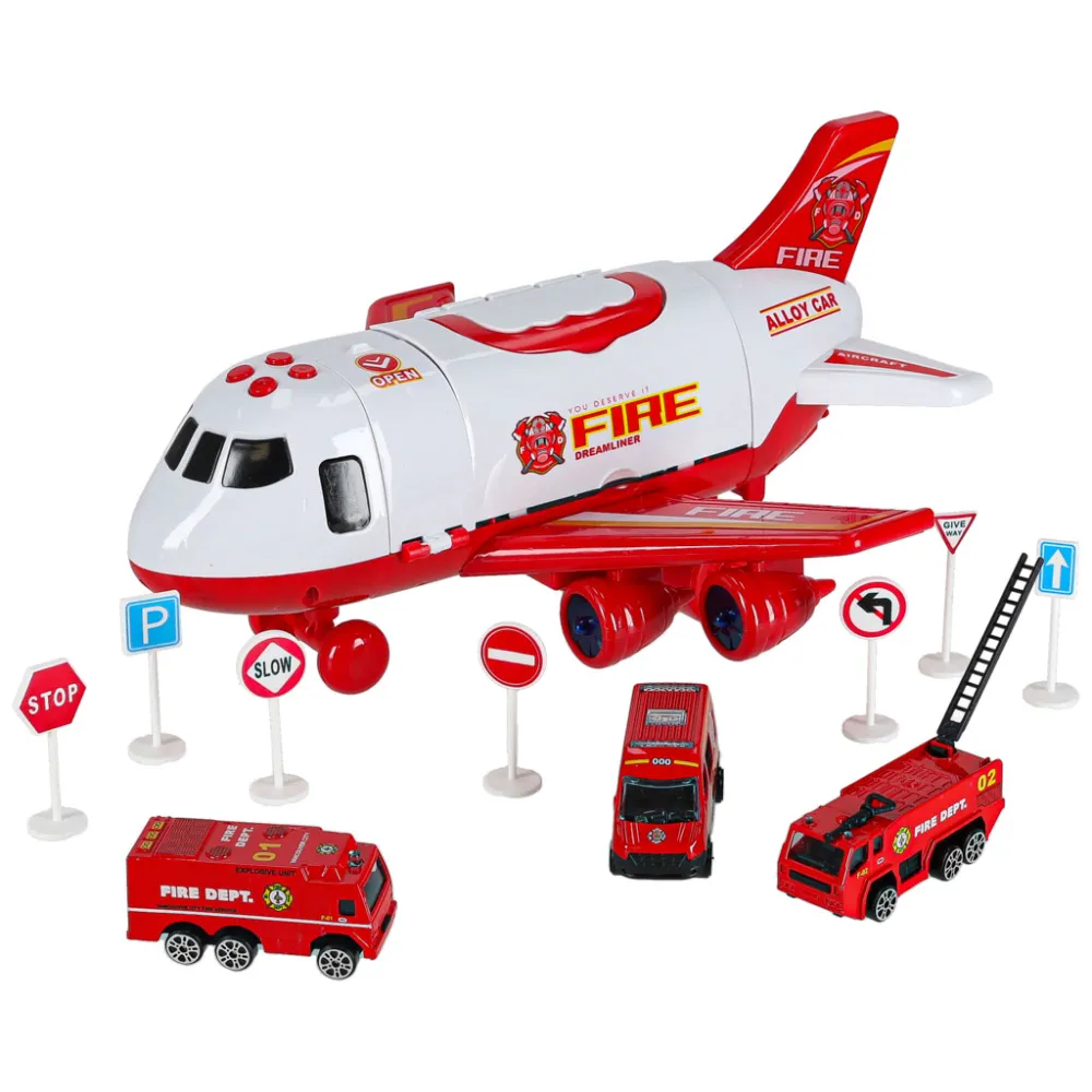 Zabawka edukacyjna – samolot strażacki oraz zestaw znaków drogowych