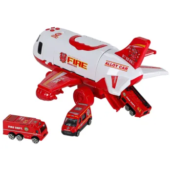Zestaw z ruchomymi elementami: transporter, schody, rampa i auta strażackie
