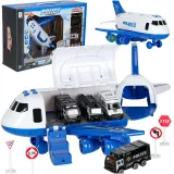 Zestaw transporter samolot z trzema autami policyjnymi na białym tle