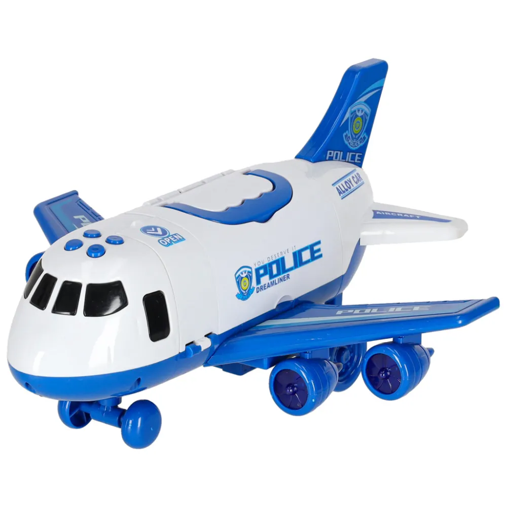 Transporter policyjny w postaci dużego samolotu z rampą i pojazdami