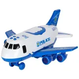 Transporter policyjny w postaci dużego samolotu z rampą i pojazdami