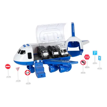 Duży samolot policyjny z otwartą rampą i widocznymi pojazdami