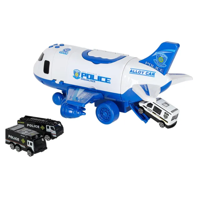 Zabawka interaktywna – samolot przewożący policyjne auta i znaki