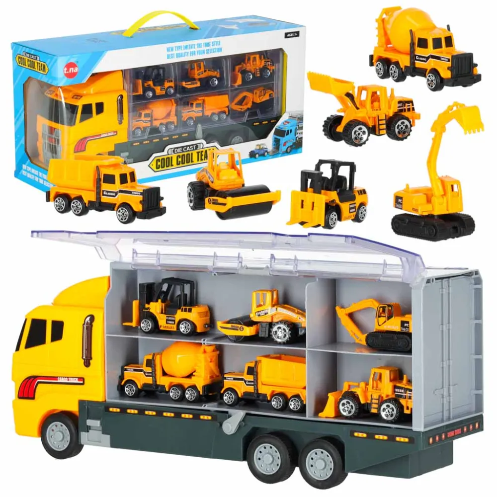 Duża ciężarówka TIR z żółtymi metalowymi maszynami budowlanymi