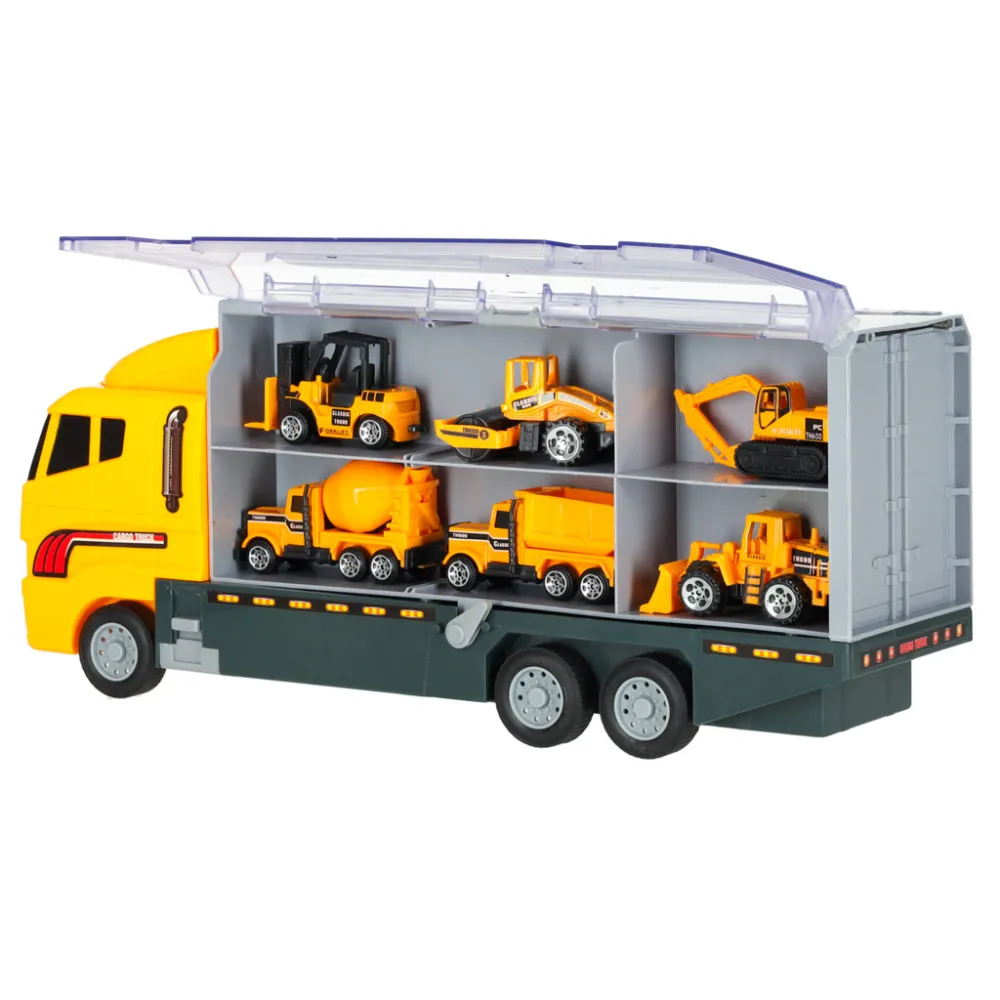 Zestaw budowlany z ciężarówką oraz sześcioma autami metalowymi