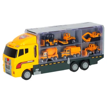 Transporter TIR z wyrzutnią i pojazdami budowlanymi dla dzieci