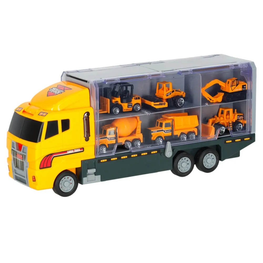 Transporter TIR z wyrzutnią i pojazdami budowlanymi dla dzieci