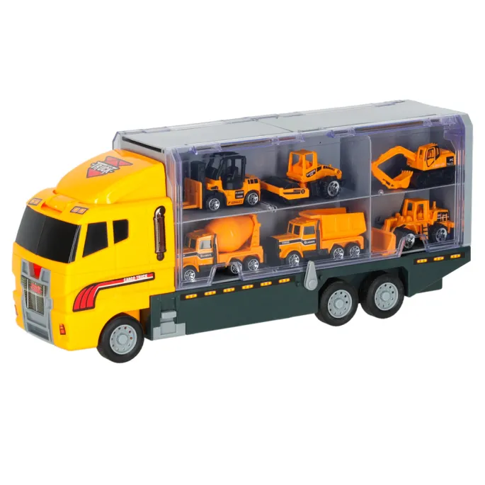 Transporter TIR z wyrzutnią i pojazdami budowlanymi dla dzieci
