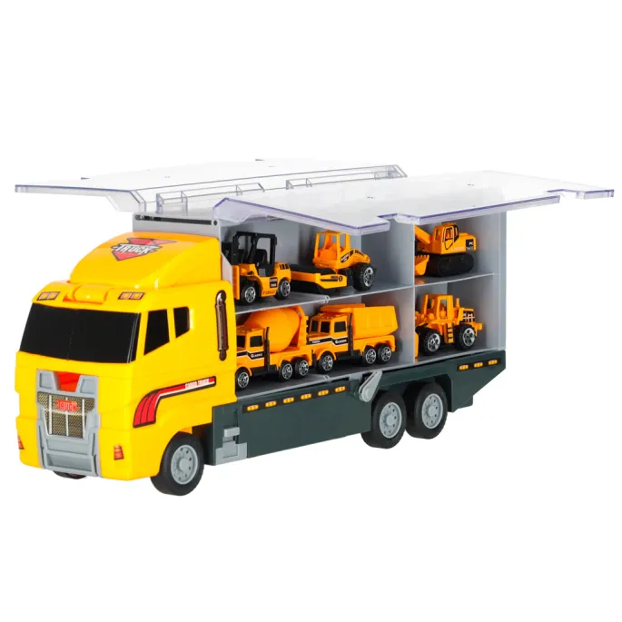 Realistyczny zestaw budowlany z metalowymi autami w przegródkach