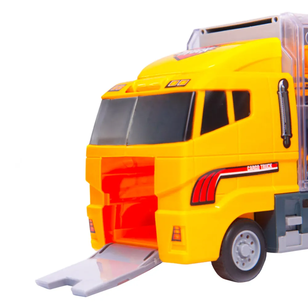 Zabawkowa ciężarówka z blokadą drzwi do bezpiecznego przewozu aut