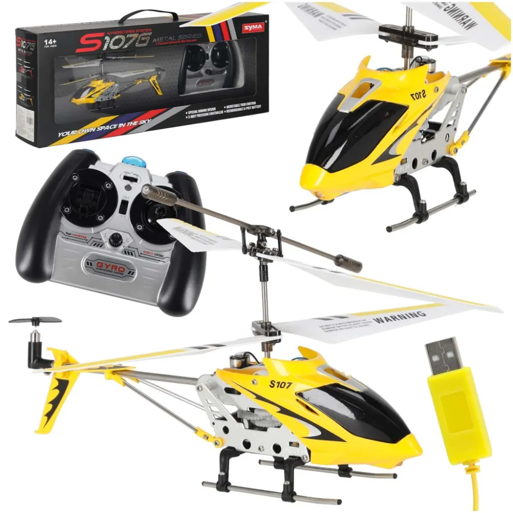 Zdalnie sterowany helikopter RC Syma S107G w żółtym kolorze na białym tle