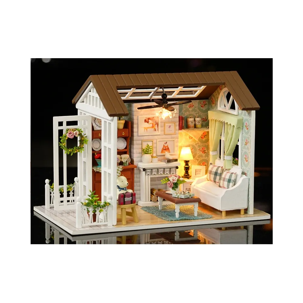 Model salonu z drewna z realistycznymi mebelkami i lampkami LED