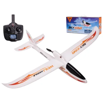 Pomarańczowy samolot RC WLtoys Sky King F959S z widocznym kontrolerem