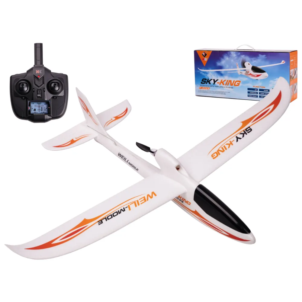 Pomarańczowy samolot RC WLtoys Sky King F959S z widocznym kontrolerem