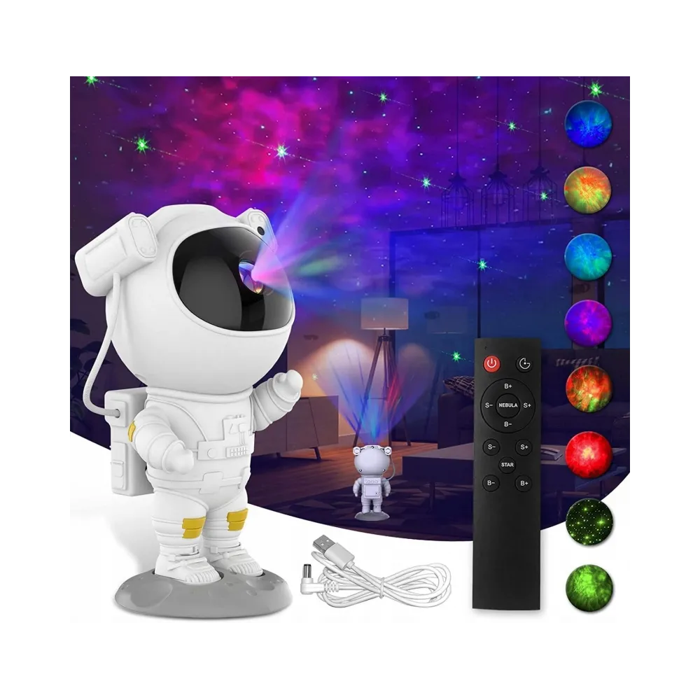 Biały astronauta rzutnik z pilotem do sterowania trybami