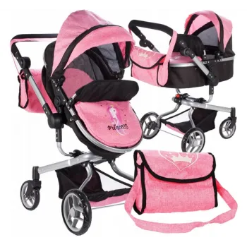 Różowo-czarny wózek 2w1 dla lalek z regulowaną rączką na tle białym