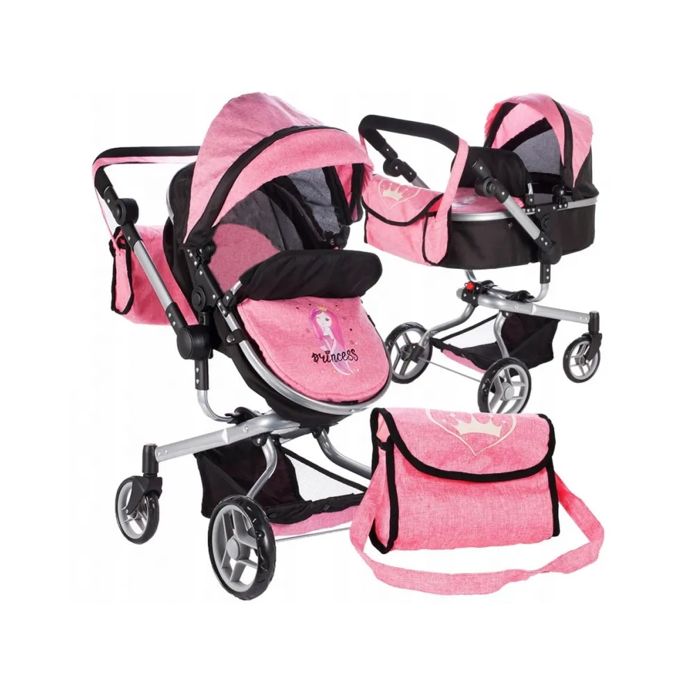 Różowo-czarny wózek 2w1 dla lalek z regulowaną rączką na tle białym