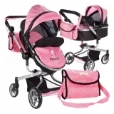 Różowo-czarny wózek 2w1 dla lalek z regulowaną rączką na tle białym