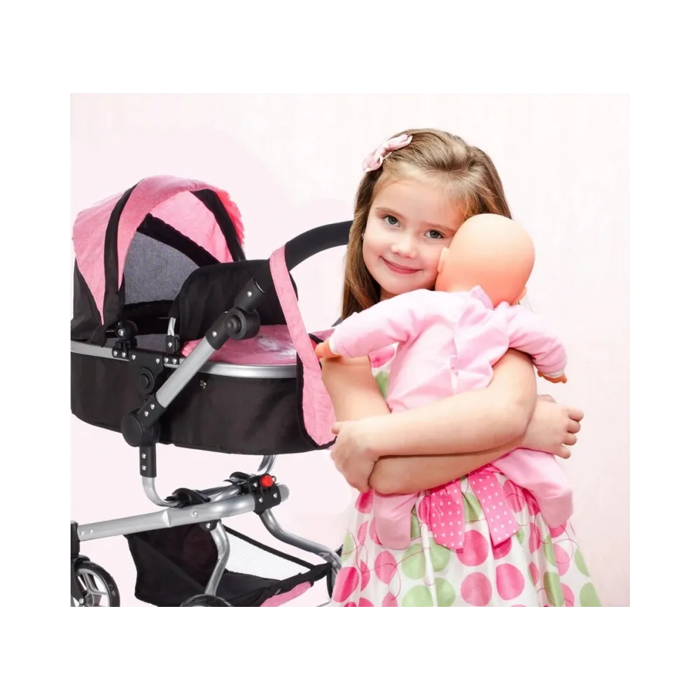 Wózek spacerowy dla lalek z pojemną różową torbą na zabawki